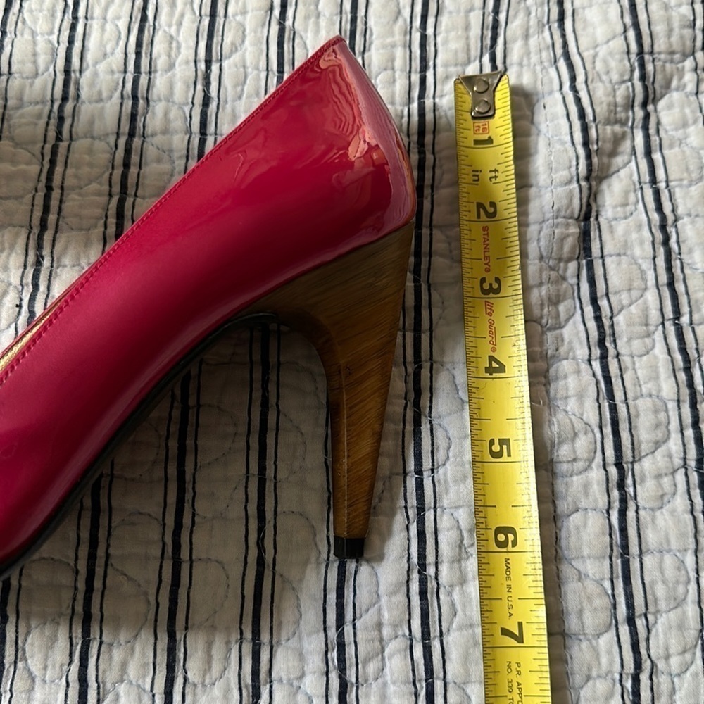 😊Stuart Weitzman Womens Metallic Pink Patent Leather Open Toe Pumps size… - Picture 10 of 16